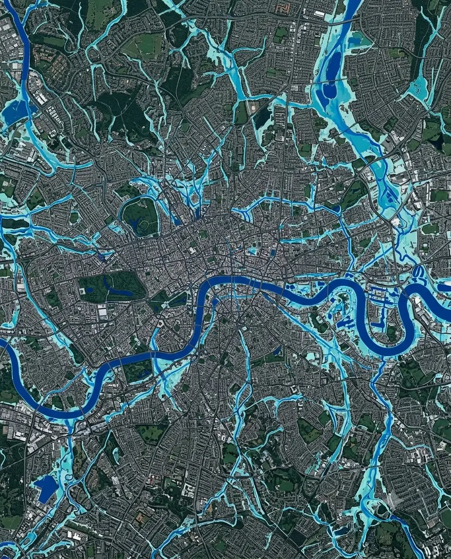 Flood inundation model render over an urban canal