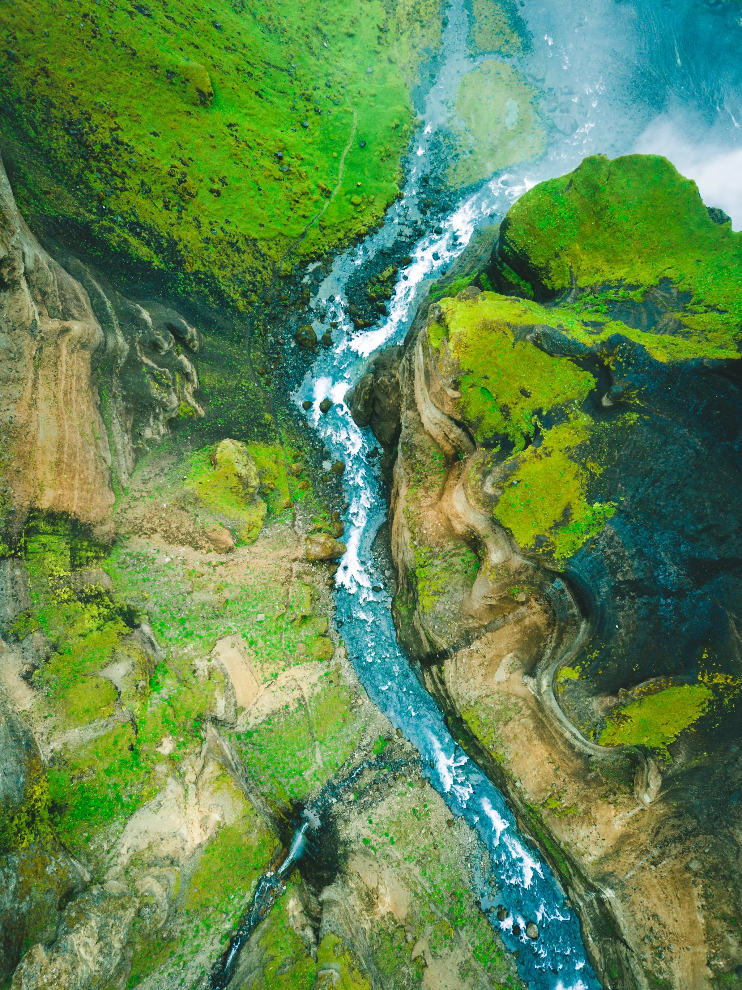Aerial view of a river running through a gorge