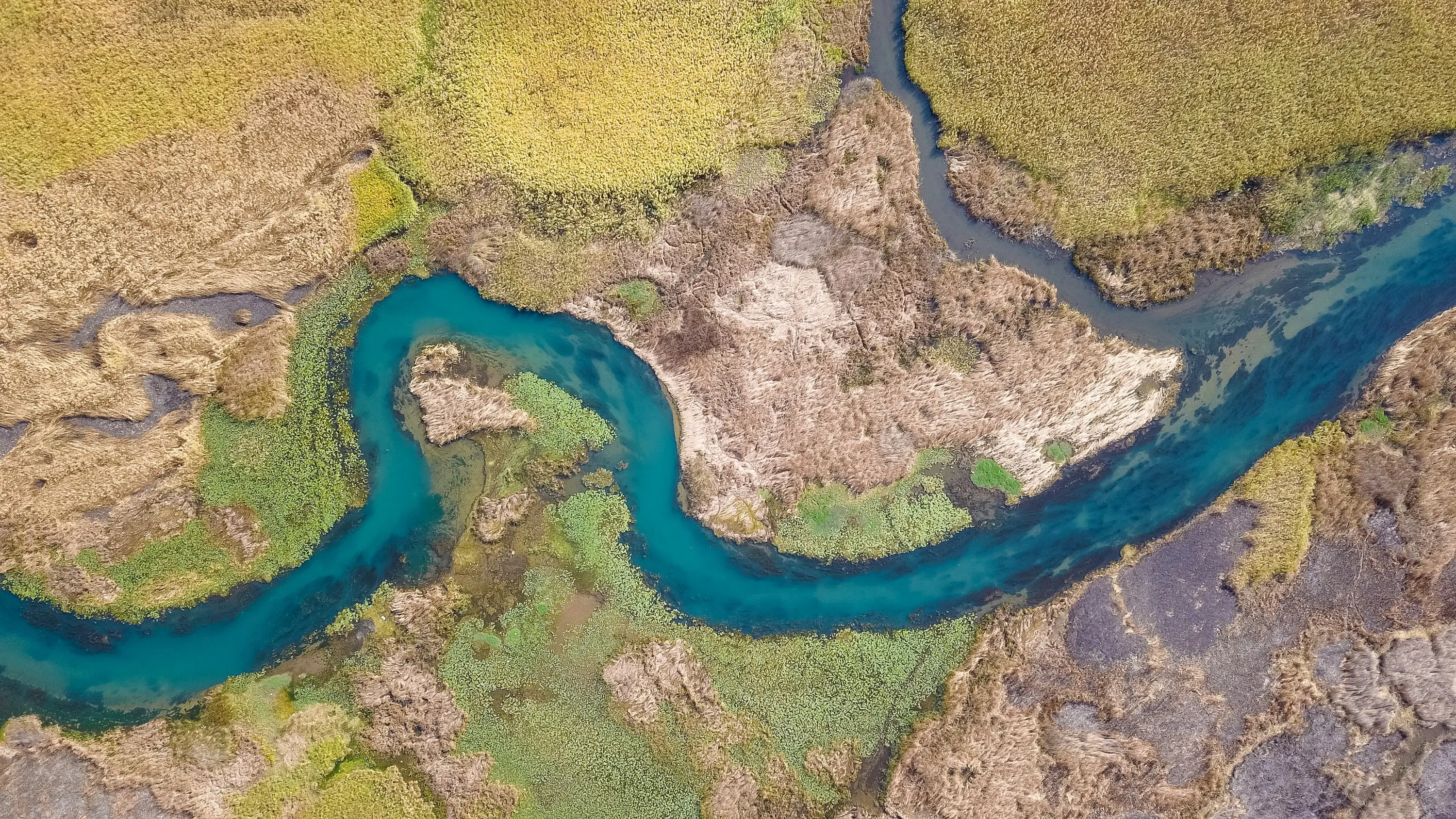 Aerial view of a winding river channel through a floodplain