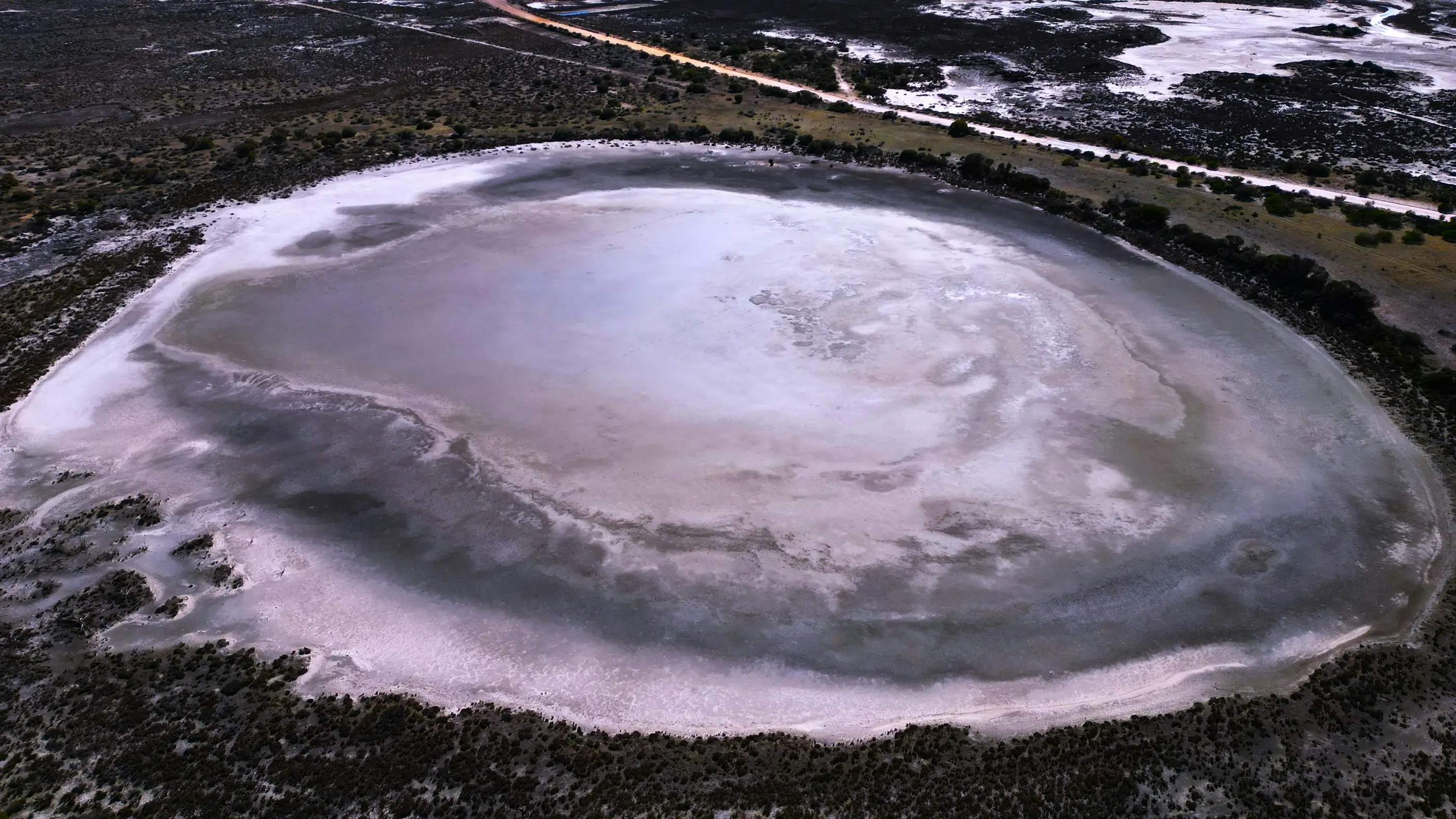 Aerial view of a dry salt pan brine lakebed